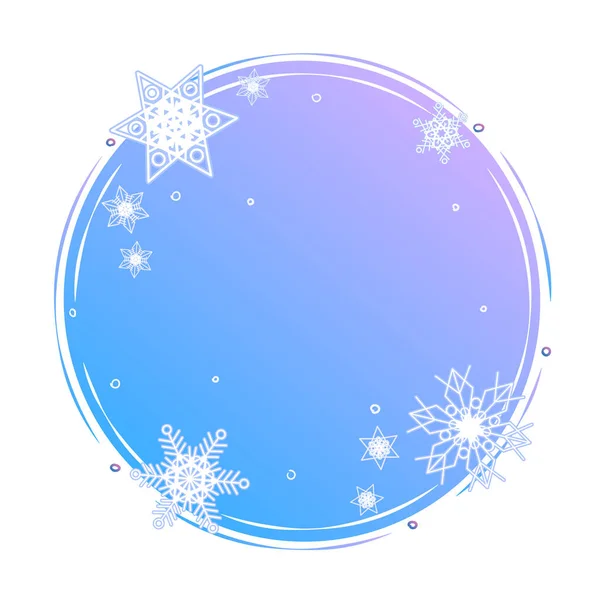 Concepto de forma de círculo de invierno. Copos de nieve sobre plantilla de fondo redondo azul. Elemento de decoración de fondo nevado en blanco. Marco de nieve de color con diseño de póster de espacio de copia. Diseño de banner web de vector de helada — Vector de stock