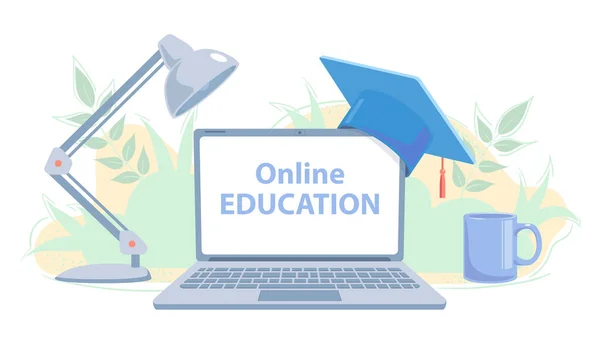 Conceito de educação à distância. Banner de e-learning com espaço de cópia. Estudo on-line ilustração vetorial plana. Escola em casa. Tecnologia de comunicação moderna. Aula universitária Aprendizagem sobre fundo branco — Vetor de Stock