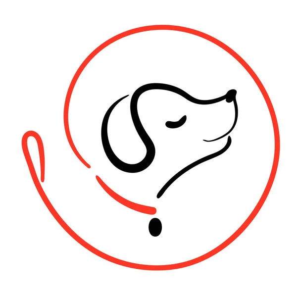 Logotipo de servicio de paseos para perros en línea en redondo desde correa. Icono de entrenamiento de cachorro feliz. Caminar símbolo mascota en negro vector rojo esquema ilustración. Logotipo simple animal de la historieta — Archivo Imágenes Vectoriales