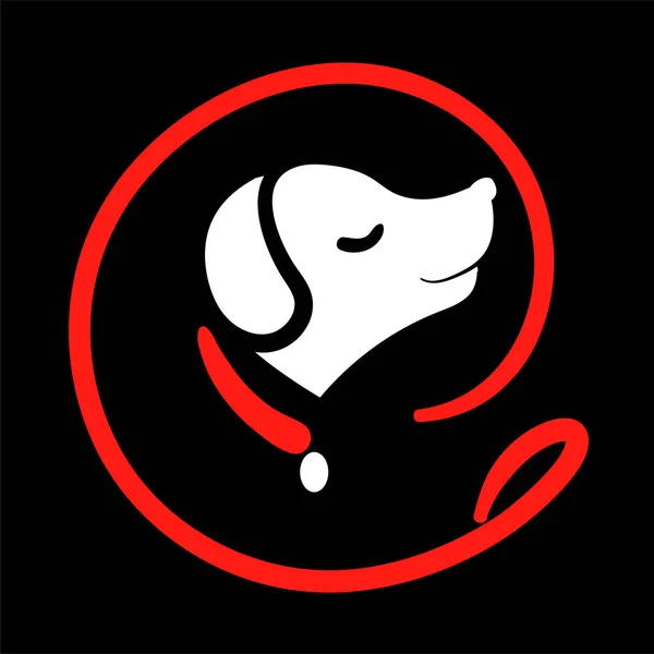 Logotipo de servicio de caminata de silueta de perro en redondo de correa roja. Icono de entrenamiento de cachorro feliz. Caminar símbolo mascota en la ilustración vector negro. Logotipo simple animal de la historieta — Archivo Imágenes Vectoriales