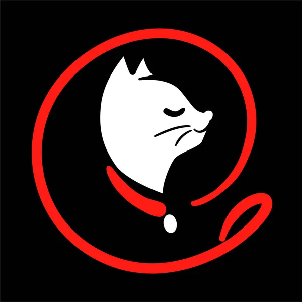 Logotipo de servicio de caminata de gato en estilo de línea en redondo de correa. Icono de entrenamiento de gatito feliz en negro. Caminar símbolo mascota en negro vector rojo esquema ilustración. Logotipo simple animal de la historieta — Archivo Imágenes Vectoriales