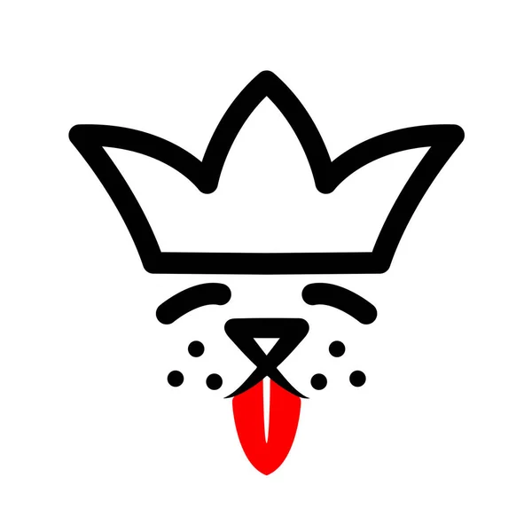 Mascota en corona con logo en lengua roja. Signo negro de perro real sobre fondo blanco. Lindo cachorro feliz en estilo de lujo. Línea de dibujo rey cabeza animal. Reino perrito icono elemento vector — Archivo Imágenes Vectoriales