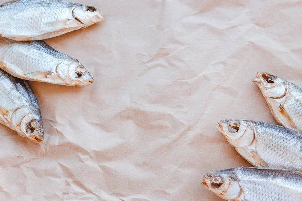 Αποξηραμένα ψάρια πρότυπο πανό σε χαρτί χειροτεχνίας φόντο με κενό χώρο για κείμενο. Επίπεδη αλατισμένη κατσαρίδα φόντο κάλυψη ιστού. Σνακ αφίσα θαλασσινών, flyer διακοσμητικό σχέδιο. Πλαίσιο ψαριών για κατάστημα προώθησης — Φωτογραφία Αρχείου
