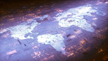 Dijital dünya elektronik ve dijital bileşenler kavramsal olarak dünyanın teknoloji temsil eden 3d şekil dünya haritası. Bulut bilgisayar, internet, bağlantı, dijital iletişim, sosyal ağ.