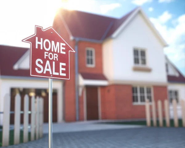 Haus Zum Verkauf Immobilienschild Vor Dem Schönen Haus Mit Sonnenstrahl — Stockfoto