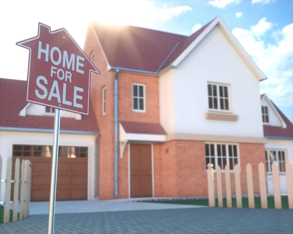 Home for sale, real estate sign in front of beautiful house with beam of sunlight coming from the background. Home business and finance concept.