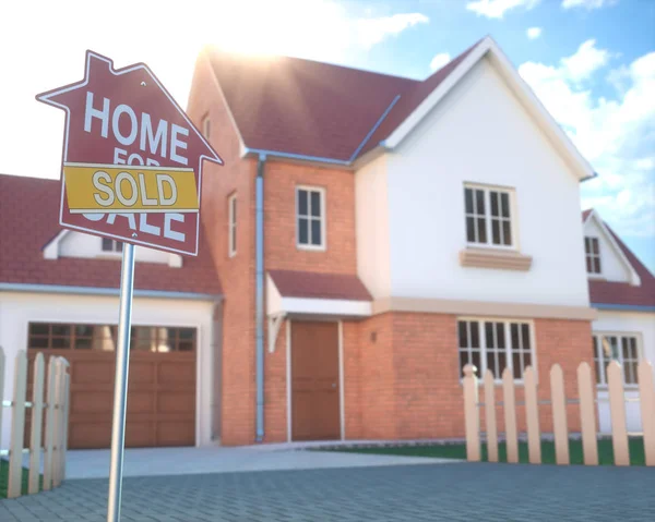 Haus Zum Verkauf Immobilienschild Vor Dem Schönen Haus Mit Sonnenstrahl — Stockfoto