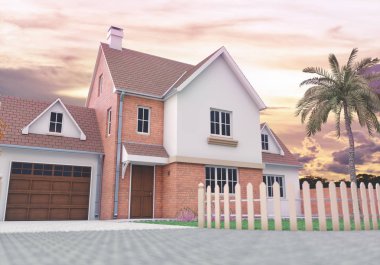 bir ev 3D illüstrasyon mavi gökyüzü ve bazı bulutlar ile güneşli bir günde.