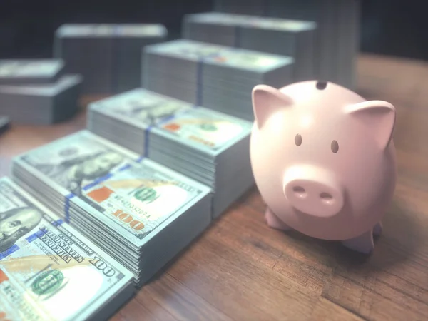 Pile Dollars Forming Rising Chart Piggy Bank Next — Stock Photo, Image