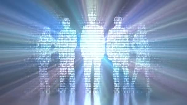 二进制光从一群人的剪影出来 数字化全球化世界的概念形象 — 图库视频影像