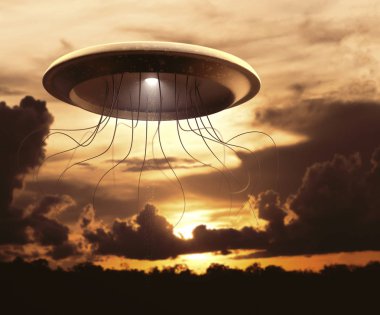 Extraterrestrial spaceship invading planet Earth. Concept image, war of the worlds. clipart