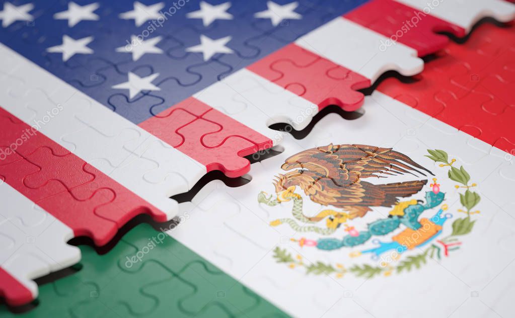 Flag of the United States Of America and Mexico in the form of puzzle pieces.