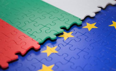 Bulgaristan ve Avrupa Birliği'nin siyaset ve Ekonomik Birliği'nin kavram bulmaca parça şeklinde bayrağı.