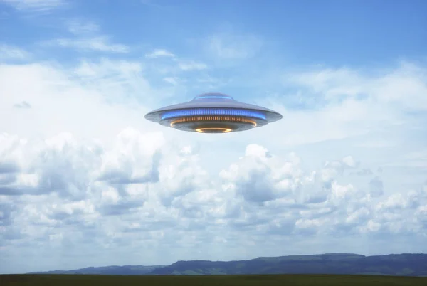 Unidentified flying object UFO in cloudy blue sky. 3D illustration in real picture.