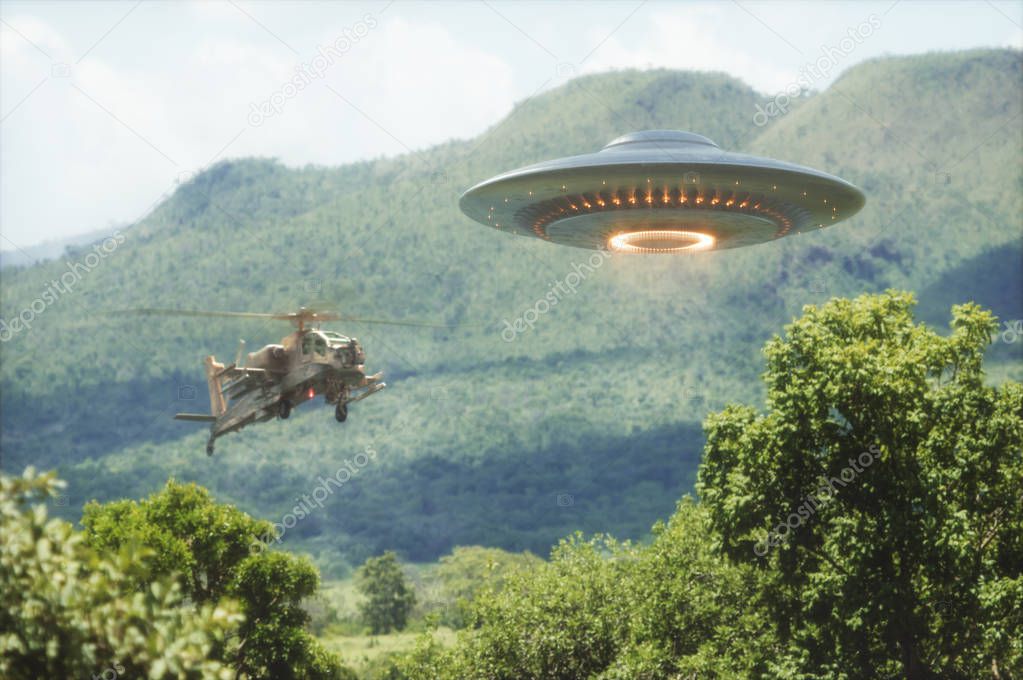 Worlds War. Military helicopter intercepting an unidentified flying object. Concept image of non-pacific invasion of beings from other planets.