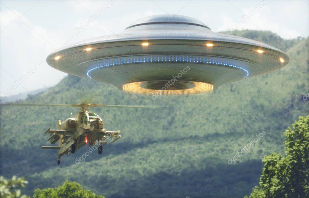 Military helicopter intercepting an unidentified flying object. Concept image of non-pacific invasion of beings from other planets.