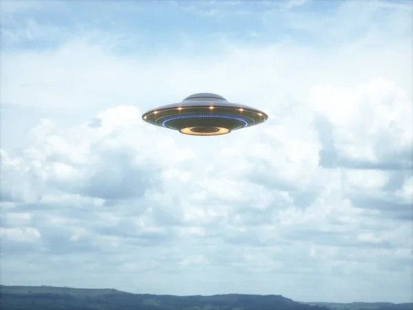 Unidentified flying object. UFO with clipping path included. 3D illustration in real picture.