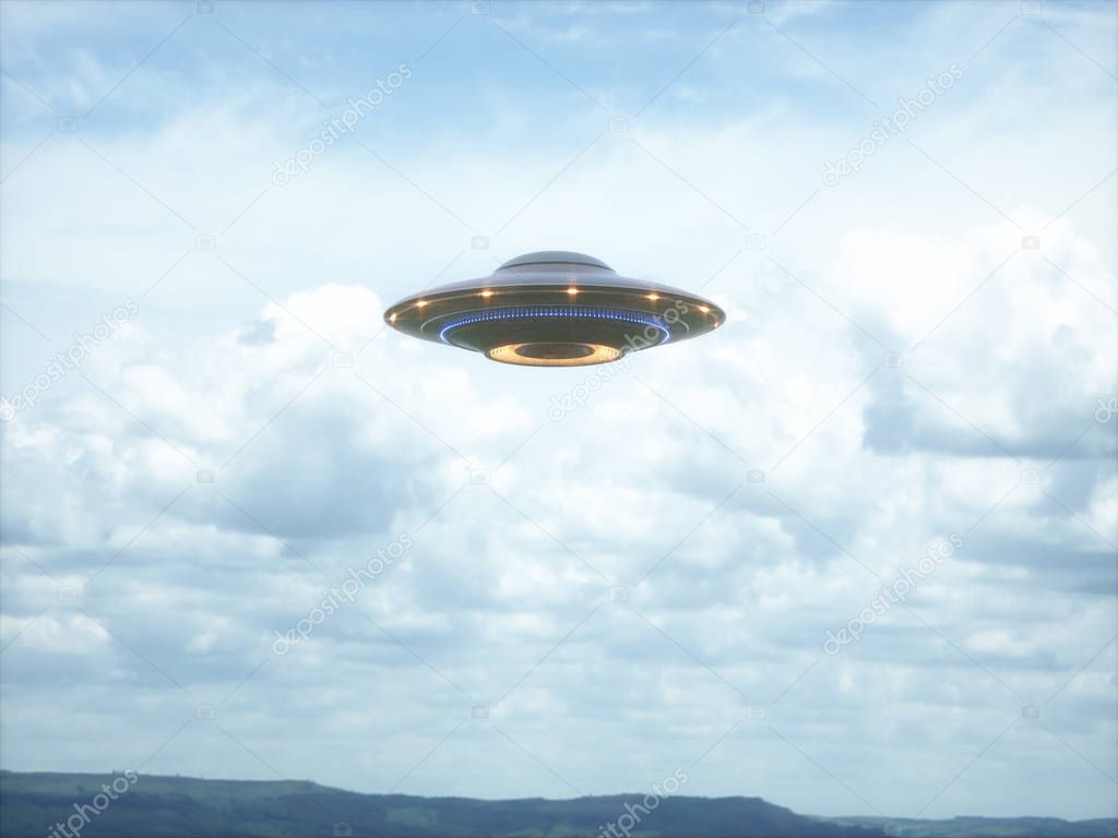 Unidentified flying object. UFO with clipping path included. 3D illustration in real picture.