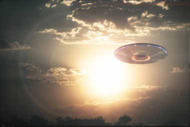 Tanımlanamayan uçan nesne Ufo bulutlu gökyüzü içinde. gerçek resmi 3D resimde. Eski tarzı film fotoğraf.