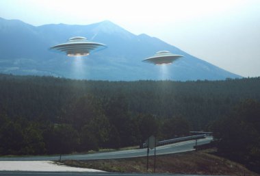 Tanımlanamayan uçan nesne. Ağaçların arasında bir yol üzerinde uçan iki UFO. 3D çizim.