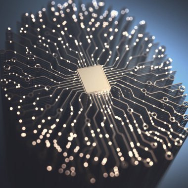 Yapay zeka. Mikroçip ve beyin şekilli bağlantılar. Elektrik sinyalleri, ikili kodlar, beyin aktivitesi..