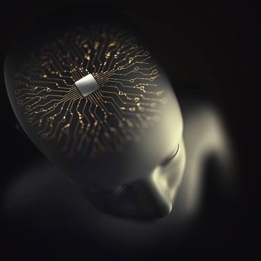 Artificial brain made of microprocessor with electrical connections and binary pulses representing the human nervous system. Concept of artificial intelligence and implants of artificial organs. clipart