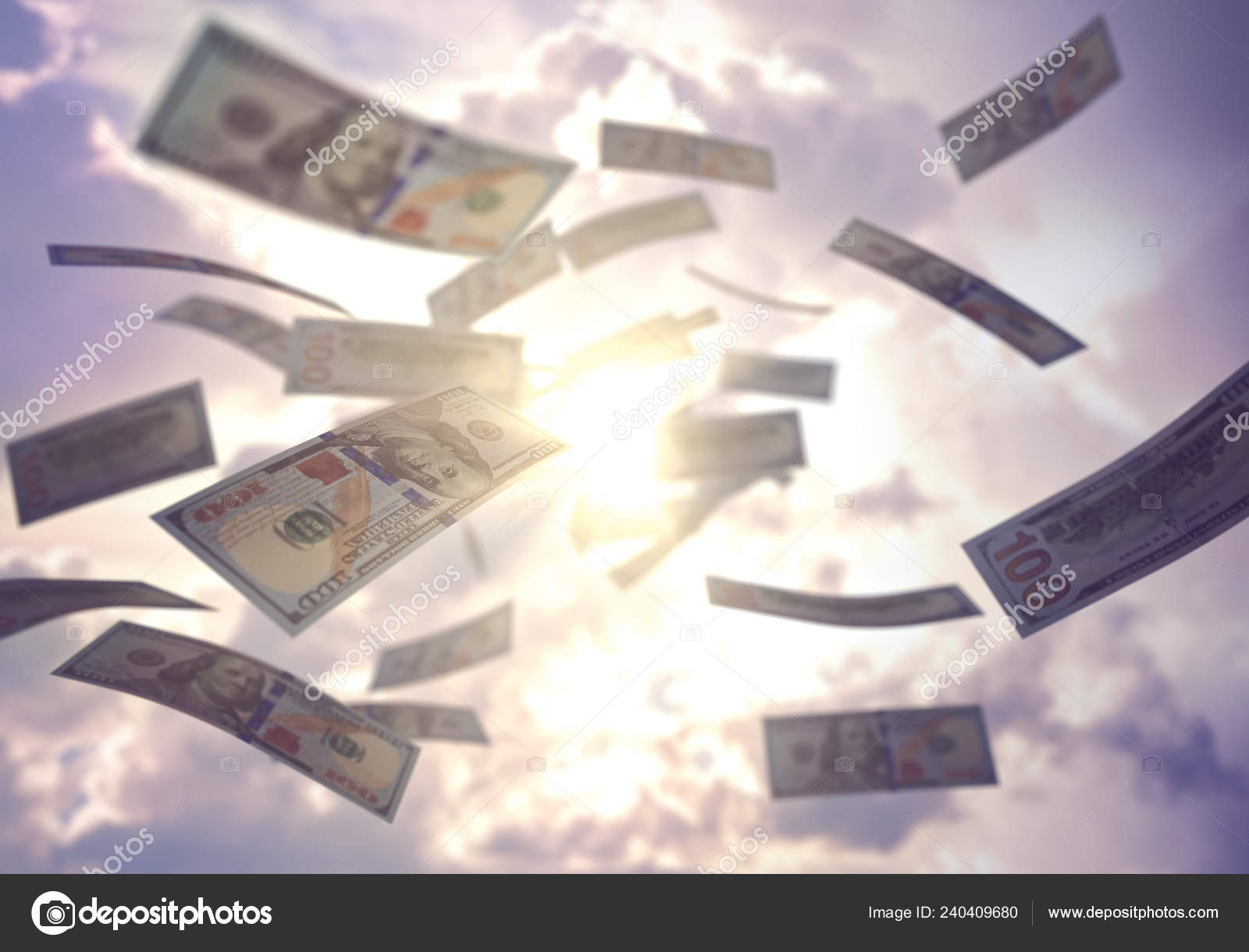 Raining Money Sky American Dollar Bills Falling Everywhere Concept -