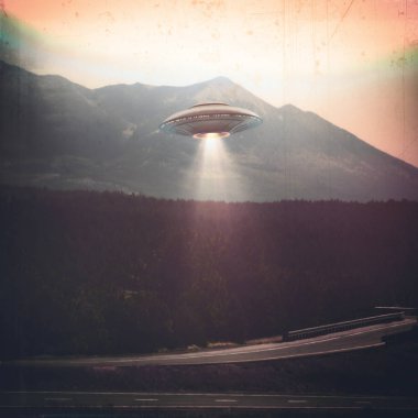Unidentified flying object UFO. Old style photo with high ISO noise and dirt with scratches over time. clipart
