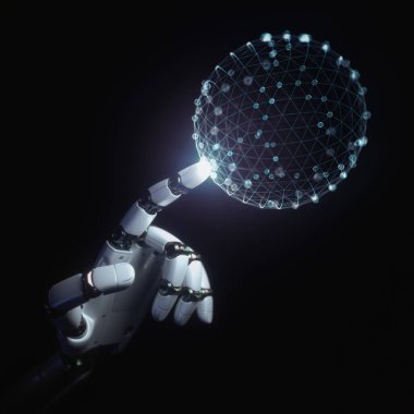 Robot el parmak holografik bir 3d küre kavramı teknoloji ve bilim ile dokunmak.