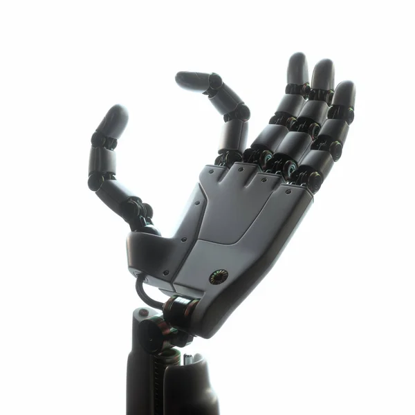 Ρομποτικό Χέρι Λευκό Φόντο Κείμενο Εικόνα Σας Ανάμεσα Στα Δάχτυλα — Φωτογραφία Αρχείου
