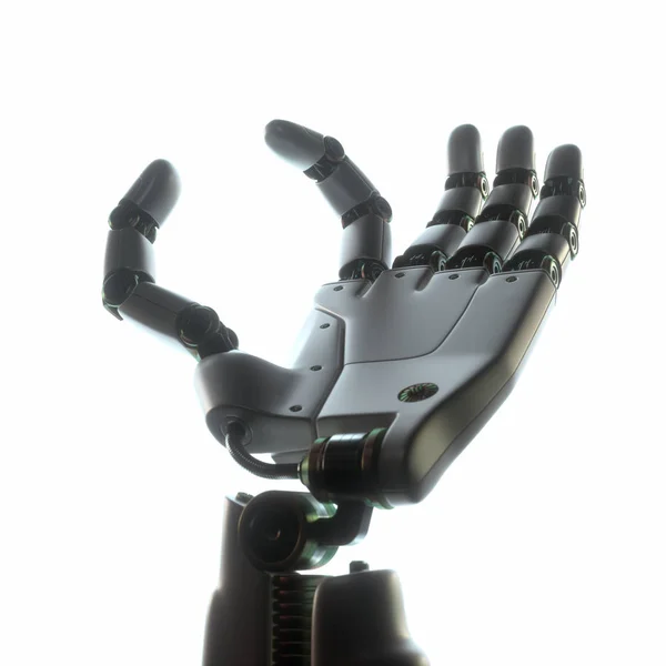 Robothand Witte Achtergrond Tekst Afbeelding Tussen Vingers Van Robot — Stockfoto