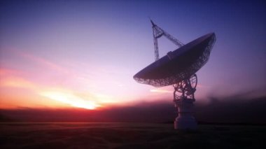 Dünya 'dan iletişim ve sinyal alabilmek için büyük uydu anteni antenleri. Gün batımında uzayda radyo sinyali arayan gözlemevi. 3d illüstrasyon.