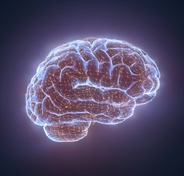 İnsan beyni, zihnin gücünü temsil eden çokgen bağlantılardan oluşan bir yapıdadır. Kavramsal 3B illüstrasyon.