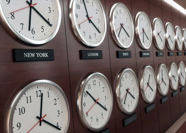 Reloj Zona Horaria Mundial Relojes Pared Mostrando Hora Todo Mundo —  Fotos de Stock