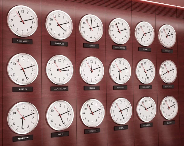 Світовий Годинник Широкомасштабного Часового Поясу Годинники Стіні Показують Час Всьому — стокове фото