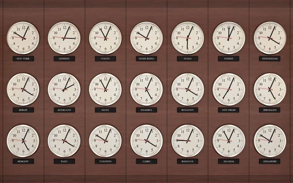 World wide time zone clock. Clocks on the wall, showing the time around the world.