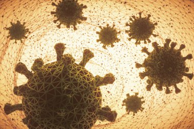 Covid-19, Coronavirus. Birçok covid-19 virüsü insan organizmasını enfekte ediyor. Virüsün insan hücrelerindeki görüntüsünü algıla.