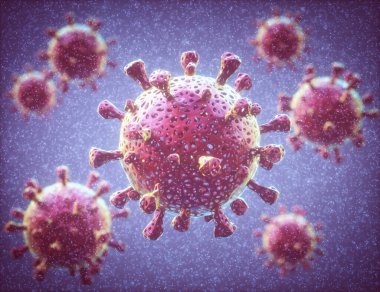 Covid-19, Coronavirus. Birçok covid-19 virüsü insan organizmasını enfekte ediyor. Virüsün insan hücrelerindeki görüntüsünü algıla.