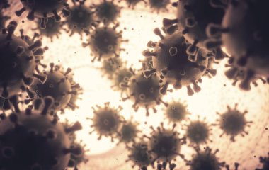 Covid-19, Coronavirus. Birçok covid-19 virüsü insan organizmasını enfekte ediyor. Virüsün insan hücrelerindeki görüntüsünü algıla.