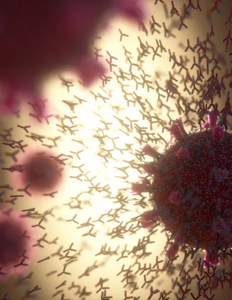 免疫系统抗体攻击病毒Covid 19三维图解 人体防御系统的概念 Y型抗体攻击大肠病毒 — 图库照片