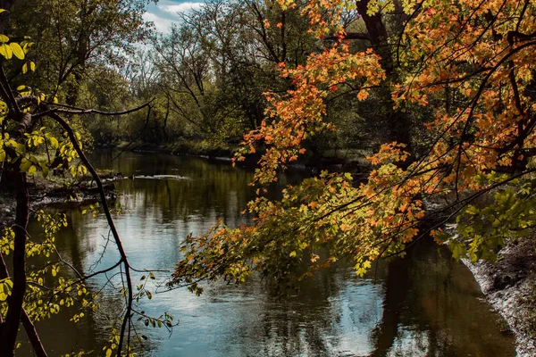 Φθινόπωρο ποτάμι τοπίο με πολύχρωμα φύλλα στα δέντρα — Φωτογραφία Αρχείου