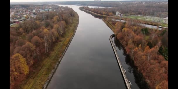 Flyger Över Floden Gryningen Hösten Panoramautsikt Över Floden Naturlig Konsistens — Stockvideo