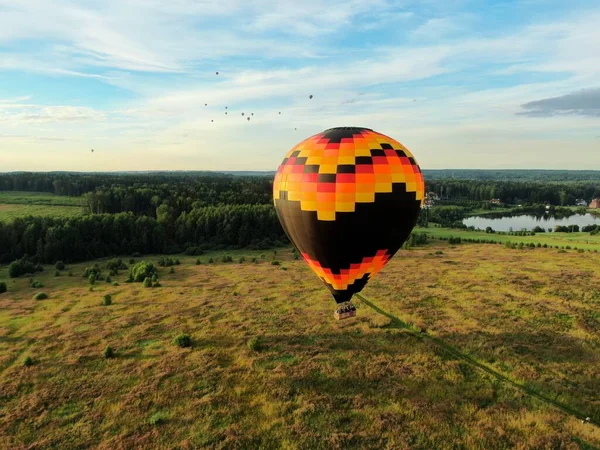 Létání Balónech Nad Zeleným Polem Lesem Pozadí Modré Oblohy Při — Stock fotografie