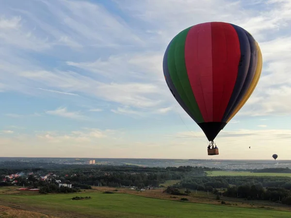 Luftballons Fliegen Über Einer Grünen Wiese Und Einem Wald Vor — Stockfoto