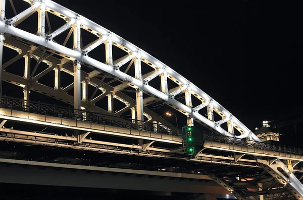 Kleurrijke Panorama Van Nacht Stad Met Neon Lichten Brug Rivier — Stockfoto