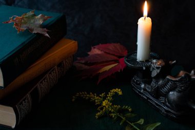 Kitaplar, yanan bir mum, yaprakları ve sarı bir çiçek ile bir vintage mum çubuğu ile karanlık bir arka plan üzerinde Sonbahar natürmort.