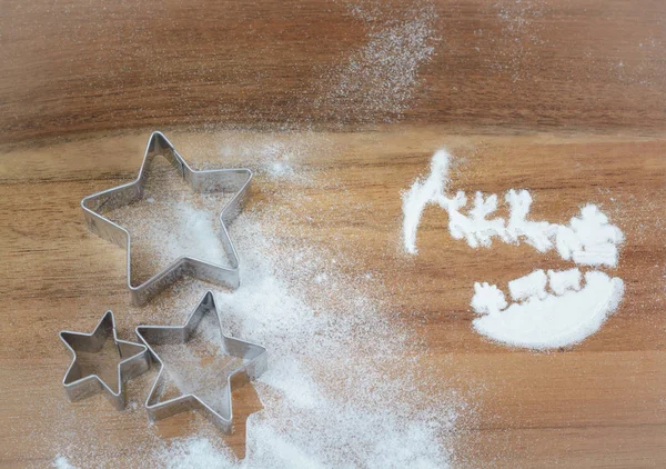 Forms Cookies Form Stars Flour Wooden Board — Stock Photo, Image