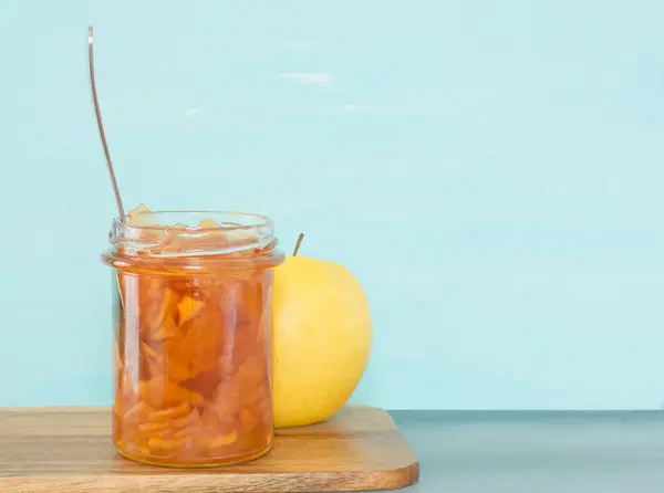 Pot Verre Confiture Pommes Maison Avec Cuillère Pomme Jaune — Photo