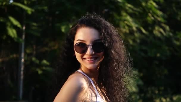 Young Happy Smiling Beautiful Caucasian Girl Sunglasses Long Curly Hair — Vídeos de Stock