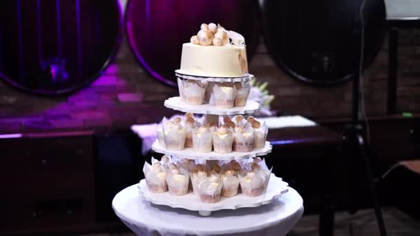 Schöne Hochzeitstorte Mit Kleiner Torte — Stockvideo